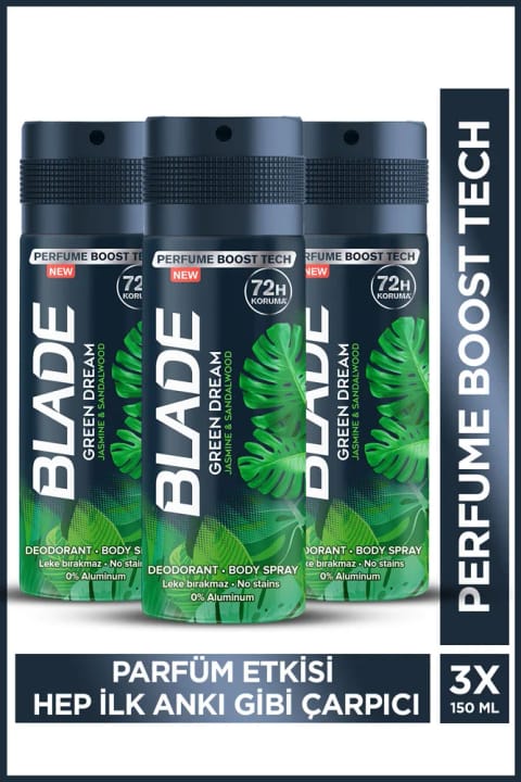 Blade Green Dream اسپری بدن ضدتعریق بدون آلومینیوم مردانه ۳×۱۵۰ میلی‌لیتر با خشک‌شدن سریع
