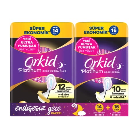 بسته نواربهداشتی شبانه Orkid Platinum Endişesiz (شب Extra Plus (سایز 5) 14 عدد + شب Extra (سایز 4) 16 عدد)