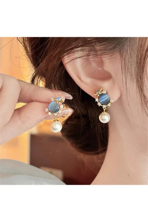 گوشواره آویز مروارید با سنگ چشم گربه‌ای آبی پلین اکسسوار
