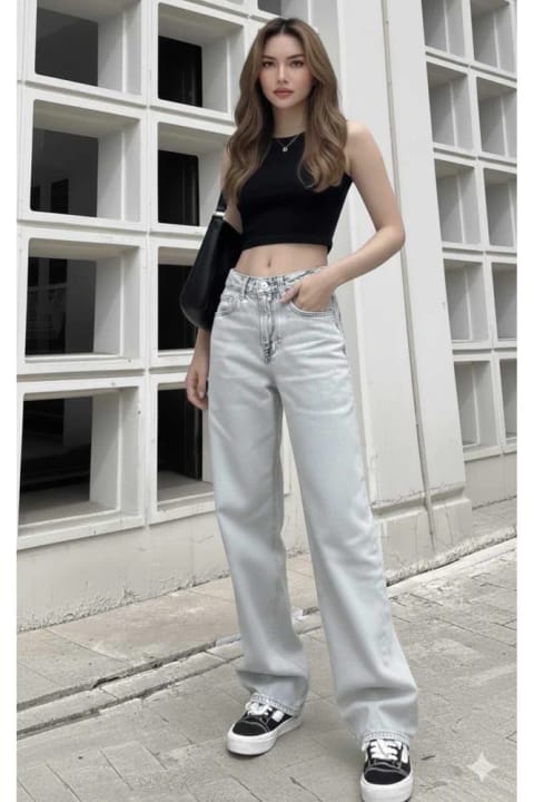 Livik Baggy Jeans جزئیات سگک یخسفید کمر فوقالعاده بالا بدون الاستان