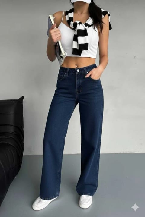 Lighter Jeans Denny سرمهای الاستیک Wide Leg کمر بلند جین پاچه گشاد راحت