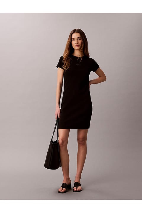 پیراهن زنانه آستین کوتاه یقه گرد ساده قد میدی مشکی Calvin Klein