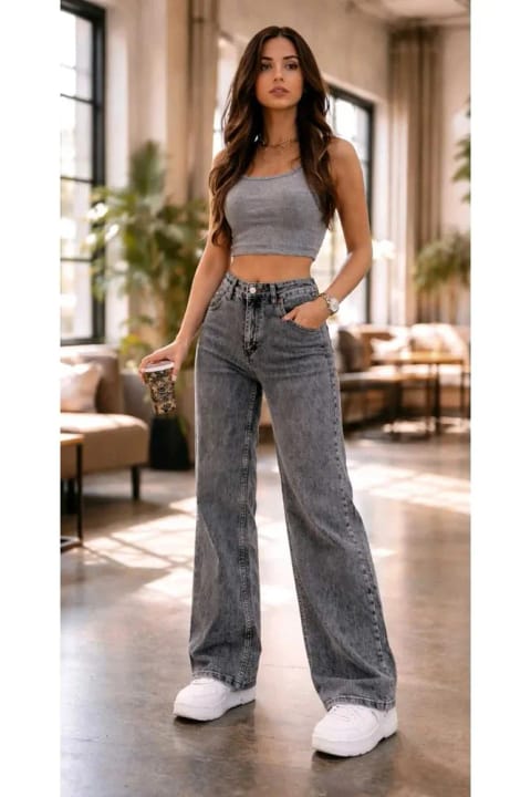Lighter Jeans شلوار جین زنانه کشسان فومه سوپر High Waist مدل پاچه گشاد سالاش