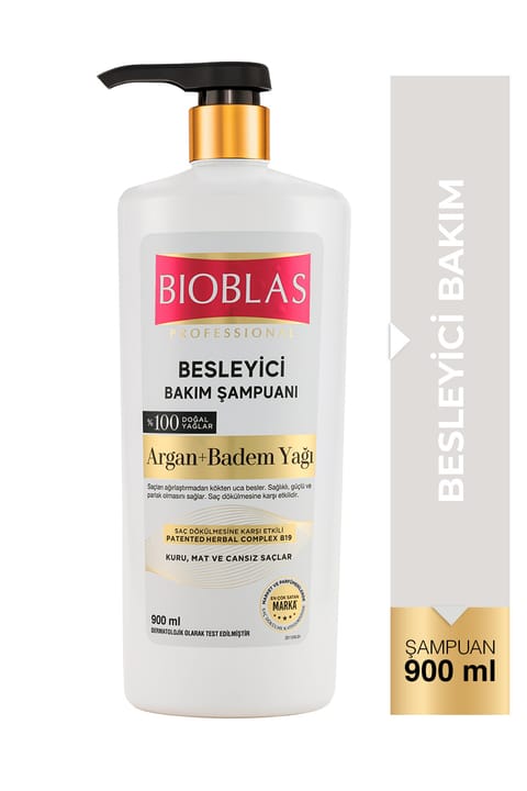 شامپو مراقبت تغذیه‌کننده Bioblas با Argan و Badem Yağı ۹۰۰ میلی‌لیتر - موهای خشک، کدر و...