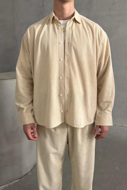پیراهن مخمل مردانه برش Oversize رنگ کرم