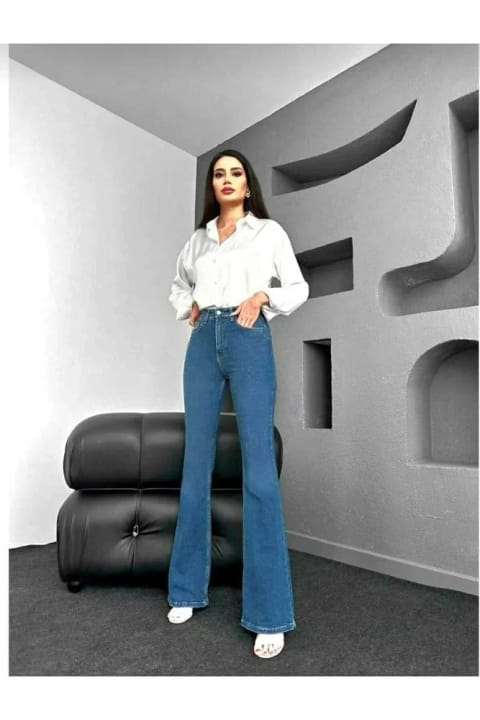 NWC Tiana شلوار جین زنانه اسپانیایی پاچهی راسته (وگ) با کمر خیلی بالا، مایل به آبی، دارای لیکرا