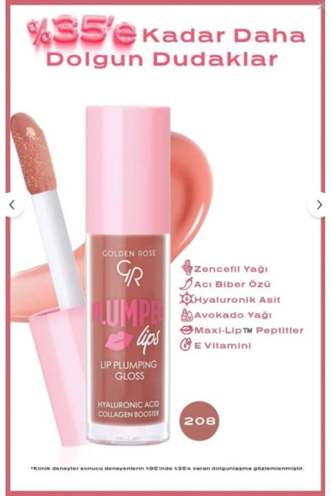 Golden Rose Plumped Lips Lipgloss شماره 208 - با اثر حجم‌دهنده و مرطوب‌کننده...