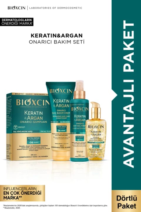 Bioxcin Keratin Argan شامپو + نرمکننده مایع مو + کرم مراقبت مو + روغن مراقبت مو