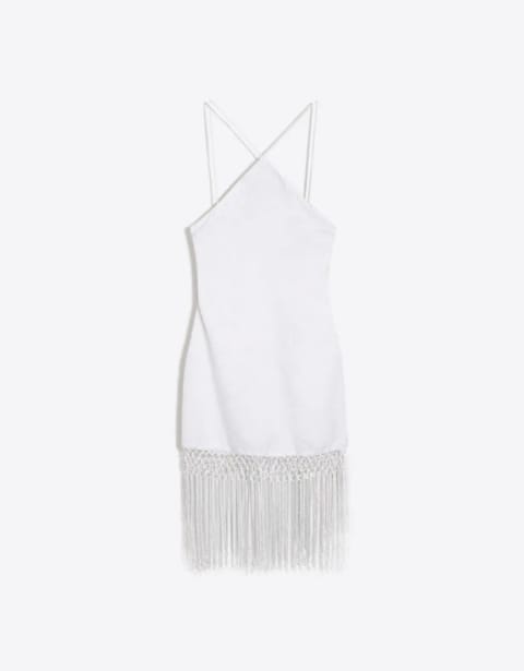 Halter neck jacquard mini dress with fringing