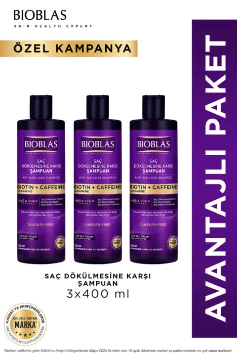 Bioblas Biotin & Kafein ضد ریزش مو شامپو 3×400 میلی‌لیتر