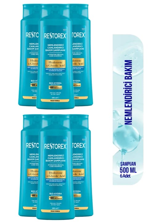 شامپو مرطوب‌کننده و احیاکننده Restorex Hydra با هیالورونیک اسید ۶×۵۰۰ میلی‌لیتر