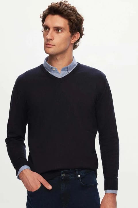 D'S Damat سویشرت تریکو مردانه یقه V آبی تیره فیت معمولی