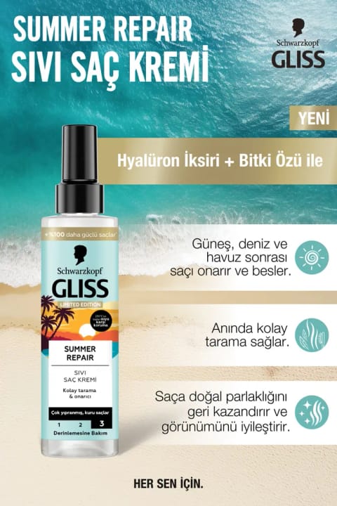 Gliss Summer Repair مایع نرمکننده ترمیمکننده موهای خیلی آسیبدیده و خشک با شانهپذیری آسان