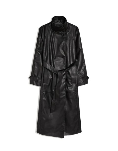 Long funnel neck trench coat with leather effect belt