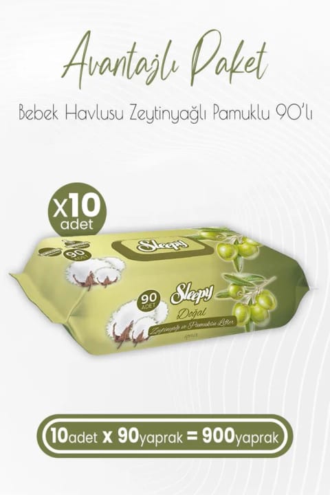 Sleepy دستمال مرطوب بچه با روغن زیتون و پنبه ۹۰ برگ × ۱۰ (۹۰۰ برگ)