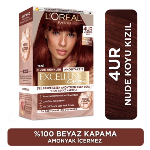 Loreal Paris Excellence Creme Nude Renkler رنگ مو - 4UR Nude قرمز تیره