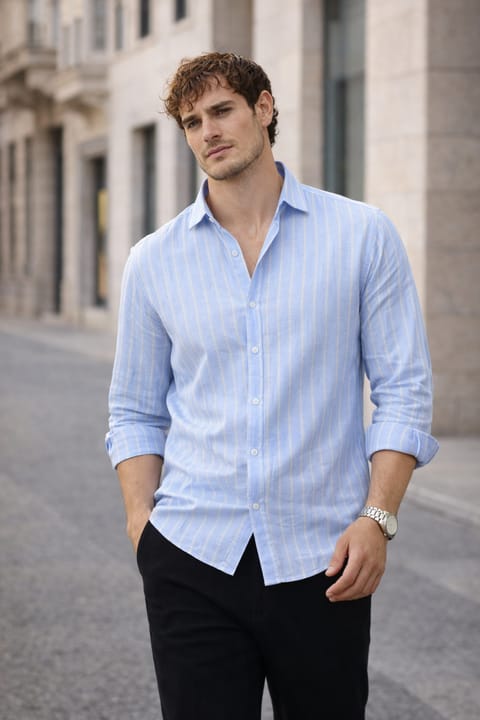 پیراهن مردانه Valiberta Scorsese راهراه Relaxed Fit - آبی یخی
