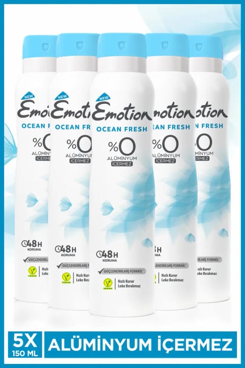 Emotion Ocean Fresh دئودورانت زنانه بدون آلومینیوم وگان ۵×۱۵۰ میلیلیتر با خشکشدن سریع
