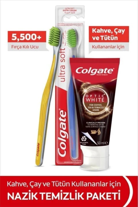 Colgate Optic White خمیردندان قهوه و چای ۵۰ میلی‌لیتر + مسواک نرم Ultra Soft
