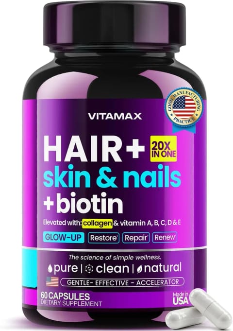 مکمل تقویت‌کننده بیوتین، کلاژن و کراتین Vitamax با Hyaluronic Acid، MSM، اینوزیتول و Astaxanthin — ۶۰ کپسول