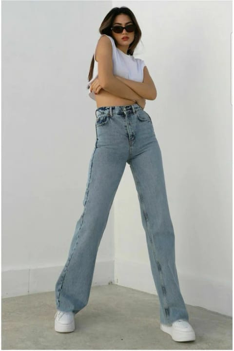Trn JNS Sour Ice Blue Power Lycra Super High Waist Loose Jeans Palazzo