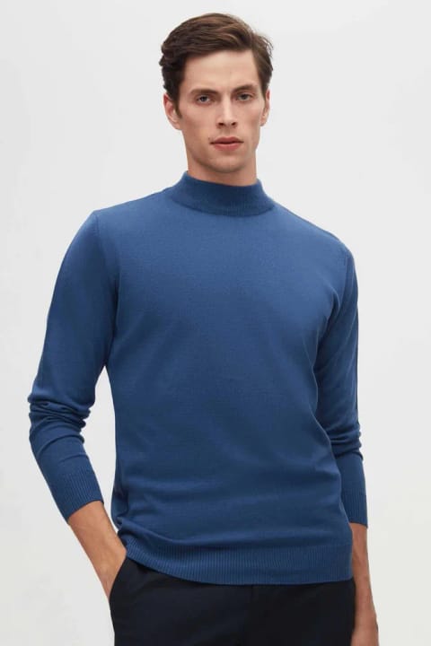 D'S Damat Ds Damat Regular Fit آبی پنبهای نیمه یقه اسکی تریکو