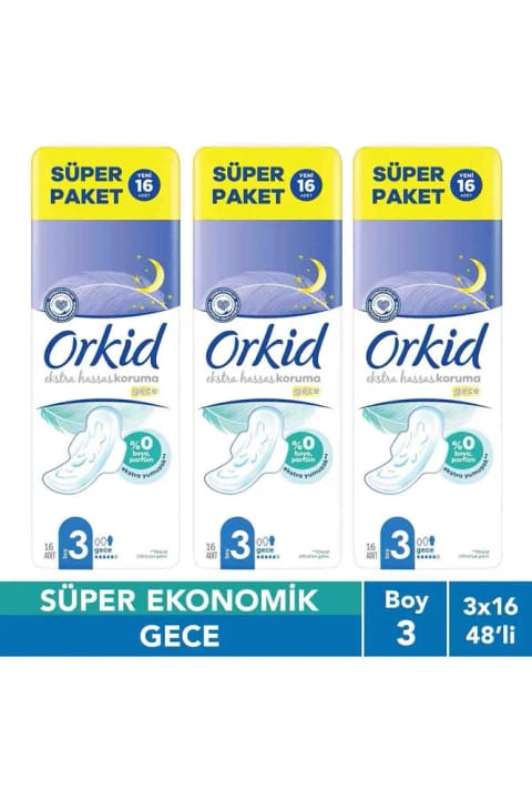 Orkid Extra Sensitive Night (Size 3) 16 Adet Süper Paket Hijyenik Ped x3