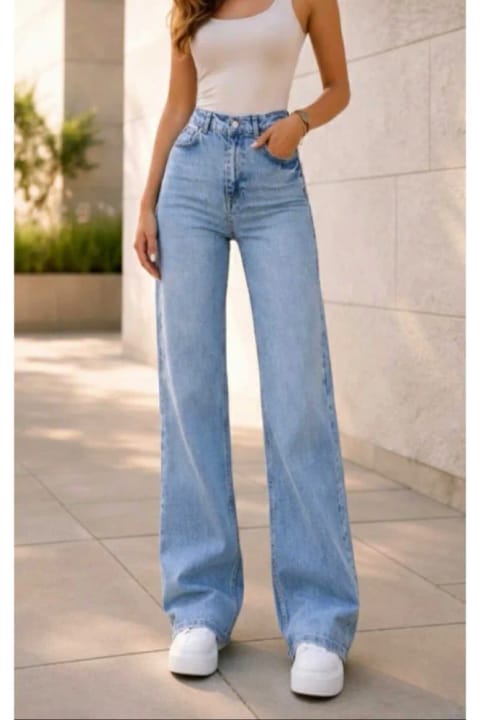 Ramrod Clara 90's بلیچ شده آبی با لیکرا، کمر فوق‌العاده بلند، جین پالازو گشاد