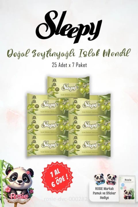 Sleepy 7 AL 6 ÖDE روغن زیتون دستمال مرطوب 25 عددی و ROSIE