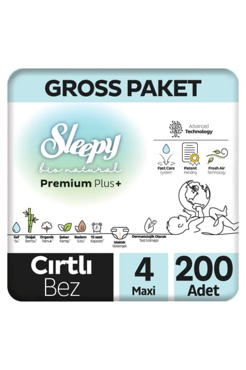 Sleepy Bio Natural Premium Plus بسته عمده پوشک بچه سایز 4 ماکسی 200 عددی