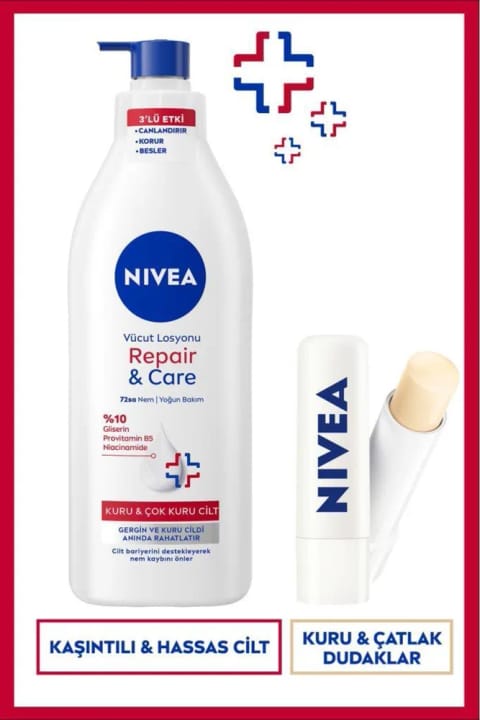 NIVEA Repair&Care مرطوبکنندهی عمیق بدن ۴۰۰ml و بالم لب