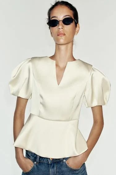 Zara تاپ ساتن آستین پفی