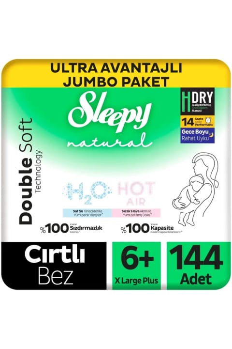 پوشک بچه Sleepy Natural Double Soft Ultra بسته جامبو فوقالعاده اقتصادی سایز 4+ M — 6 Xlarge 144