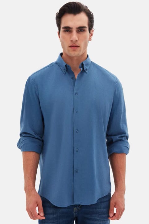دی‌اس دامات Comfort Indigo یقه دکمه‌دار مدل راحت با ظاهر کتان %1...