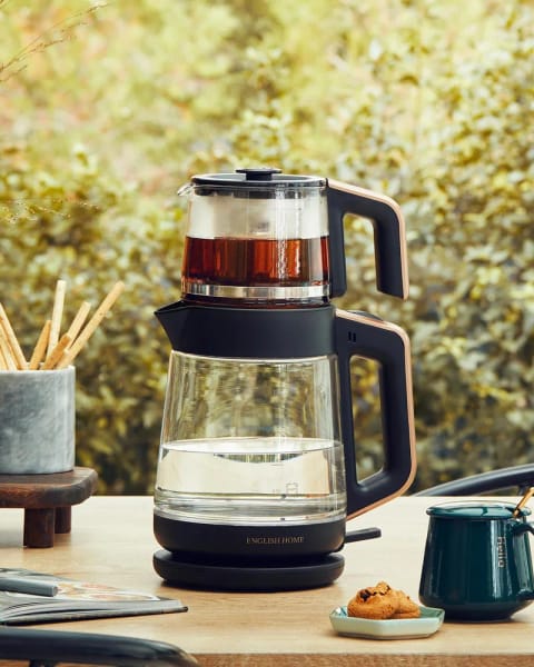 چای‌ساز شیشه‌ای و کتری English Home مدل CMK 6001، ۲ لیتر، مشکی-مسی