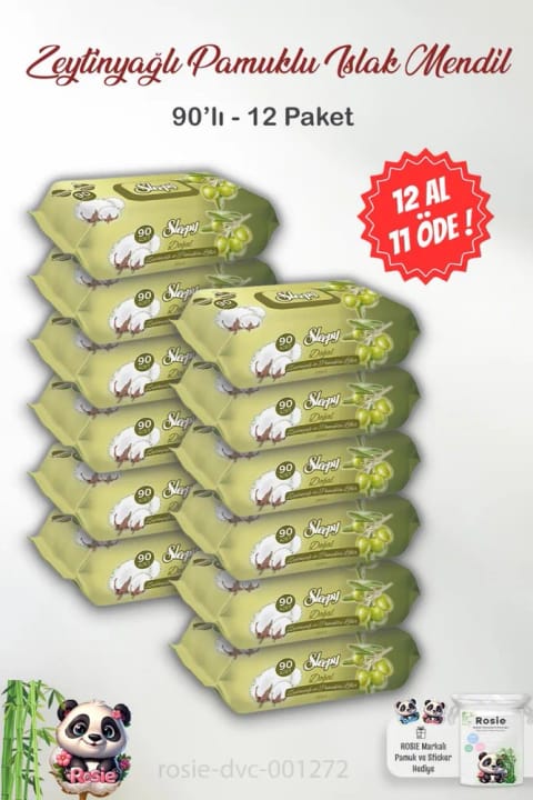 Sleepy 12 AL 11 ÖDE دستمال مرطوب کودک طبیعی با روغن زیتون و پنبه، ۹۰ عددی و ROSIE