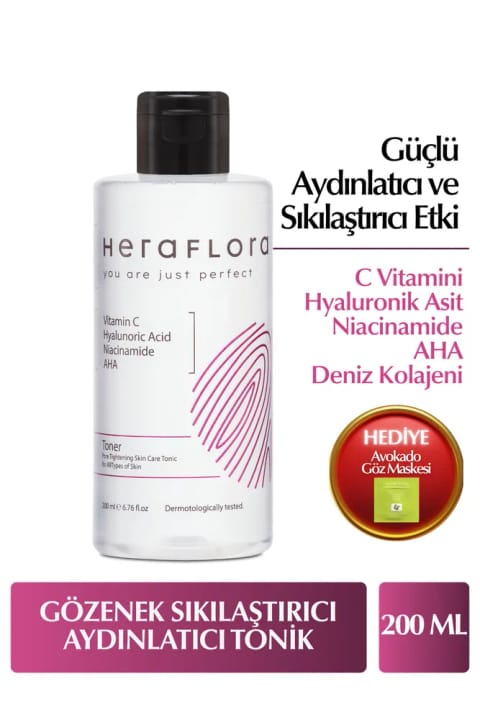 تونر مرطوب‌کننده و روشن‌کننده Heraflora 200 میلی‌لیتر - حاوی Niacinamide، AHA، Vitamin C