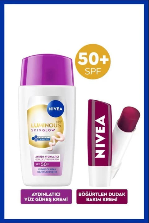 NIVEA SPF50+ Luminous630 Skin Glow روشنکننده ضدآفتاب صورت ۴۰ میلیلیتر و رژ لب توت سیاه
