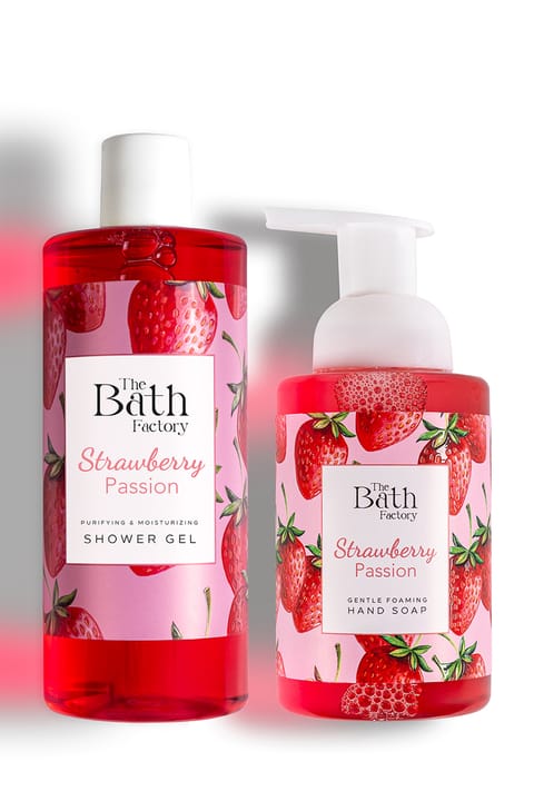 ژل دوش توت‌فرنگی THE BATH FACTORY + صابون کف توت‌فرنگی