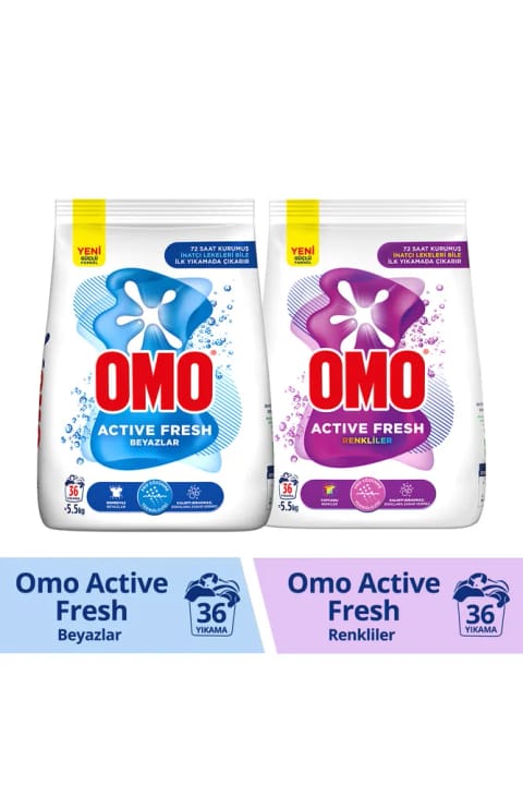 Omo Active Fresh سفیدها 5.5kgx1 و Active Fresh رنگی‌ها 5.5kgx1 پودر لباسشویی