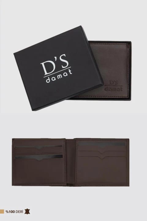 D'S Damat کیف پول چرم طبیعی قهوه‌ای با جعبه
