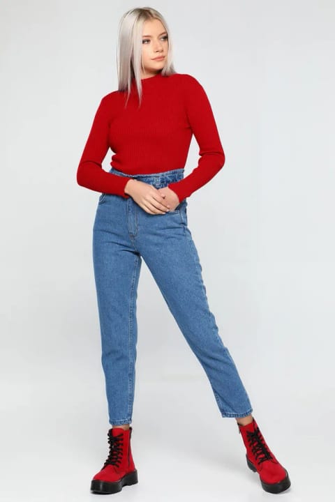 Ramrod Jeans Ess Gold رنگ ثابت آبی متوسط کلاسیک کمر بلند مام جین زنانه