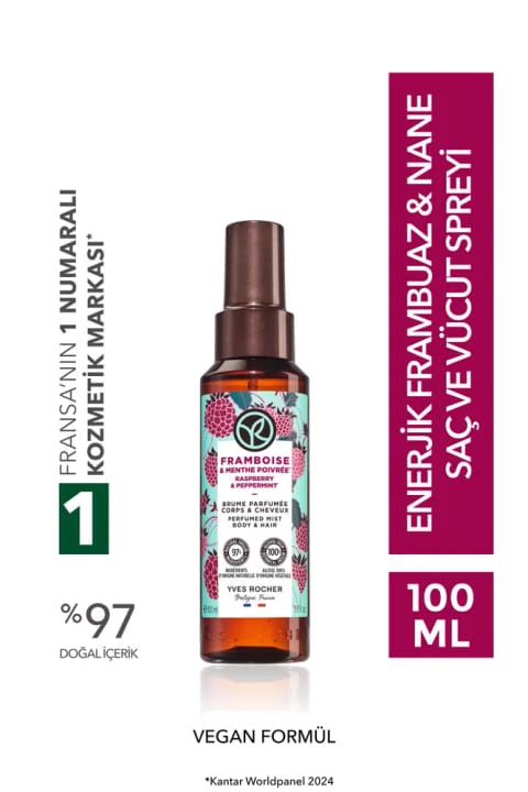 Yves Rocher اسپری مو و بدن - انرژیبخش تمشک و نعناع - وگان - 100 میلیلیتر