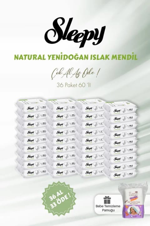 Sleepy Natural دستمال مرطوب نوزاد ۶۰عددی + پنبه بچه