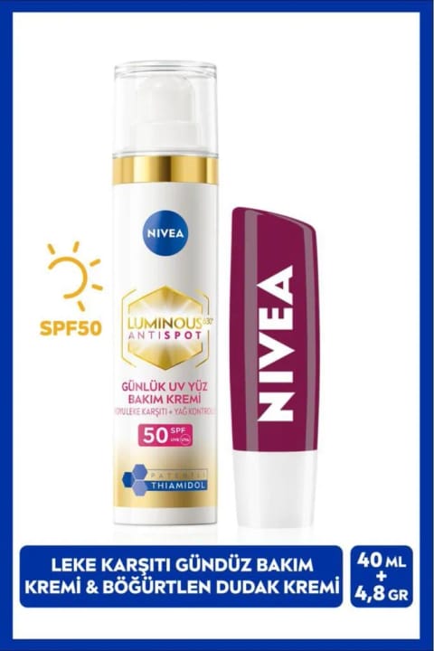 NIVEA Luminous630 کرم روزانه ضد لک صورت با محافظت در برابر آفتاب ۴۰ میلیلیتر + رژ لب توت سیاه