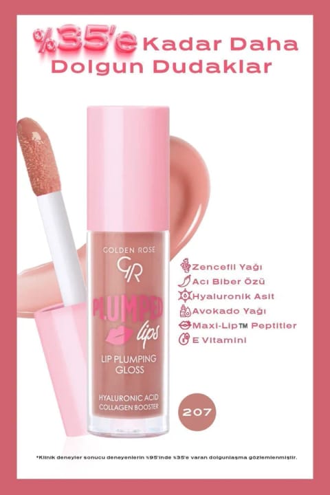 Golden Rose Plumped Lips Lipgloss شماره 207 - با اثر حجم‌دهنده و مرطوب‌کننده...