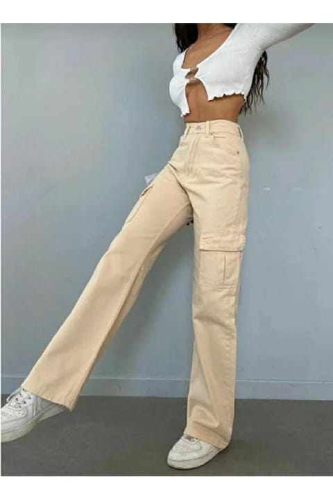 Livik Catina Hot Fashionnova شلوار جین قهوهای گشاد لیكرا دار بدون جیب پشت با جیب کارگو
