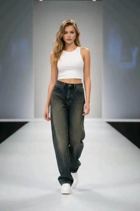 Livik Baggy Jeans سگگدار با جزئیات سگک آبی با تهرنگ سبز کمر فوقالعاده بلند...