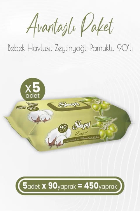 Sleepy دستمال مرطوب نوزاد با روغن زیتون و پنبه ۹۰ عددی × ۵ (۴۵۰ برگ)