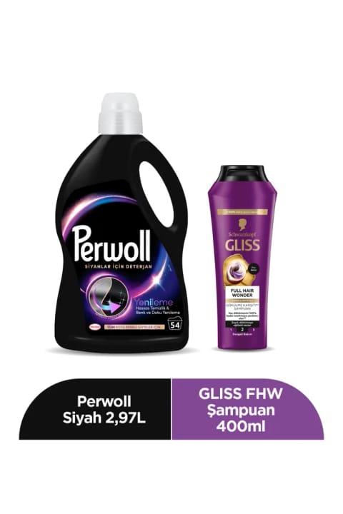 Perwoll مایع لباسشویی مخصوص لباس‌های مشکی ۲/۹۷ لیتر + Gliss Full Hair Wonder شامپو و ماسک مو ۴۰۰ میلی‌لیتر